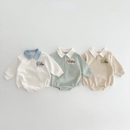 New Arrival Baby Boys Long Sleeve Cartoon Romper Turn-Down Collar  Infant Kids Jumpsuits Toddler Bodysuits Pure Cotton 0-3Y