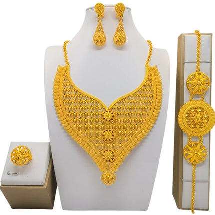 France Ethiopian Gold Color Jewelry Set For Women Dubai Necklace Bracelet Earrings Ring Set African Wedding Choker Wholesale