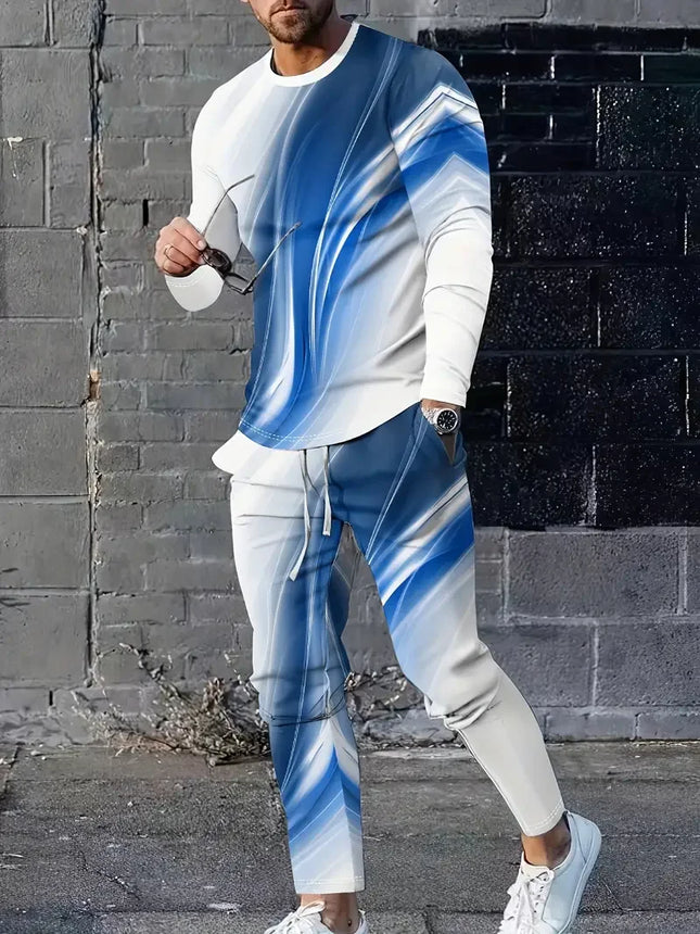 Spring And Fall Men's Long Sleeve Pant 2pcs Sets Red And Blue Striped 3D Print Man Set Everyday Fashion Men Long Sleeved T-shirt