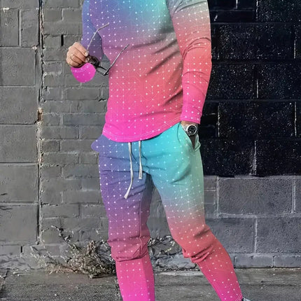 Spring And Fall Men's Long Sleeve Pant 2pcs Sets Red And Blue Striped 3D Print Man Set Everyday Fashion Men Long Sleeved T-shirt