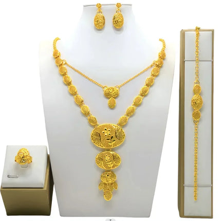 France Ethiopian Gold Color Jewelry Set For Women Dubai Necklace Bracelet Earrings Ring Set African Wedding Choker Wholesale