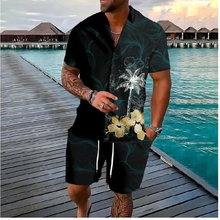 Hawaiian Vacation men's Fashion set, 3D flip-top Printed short-sleeved shirt, Casual Beach Capre Set