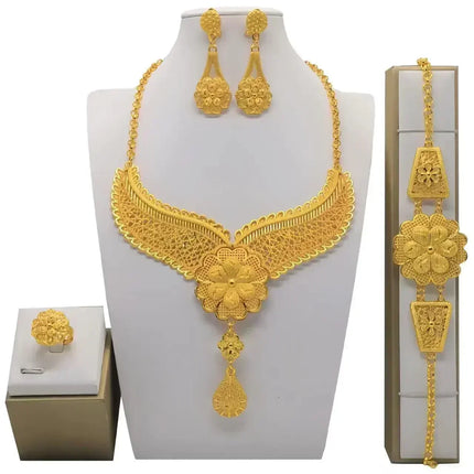 France Ethiopian Gold Color Jewelry Set For Women Dubai Necklace Bracelet Earrings Ring Set African Wedding Choker Wholesale