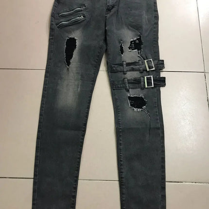 Retro Moto Biker Straight Elastic Jeans Men Zipper Hole Streetwear Punk Skinny Denim Cargo Pants Pantalones Hombre  Y2K Clothing