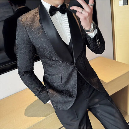 New (Blazer+vest+pants) for Men. Fashion. Casual. British Style. Singer Performance. High Density Jacquard Wedding Dress. Suit