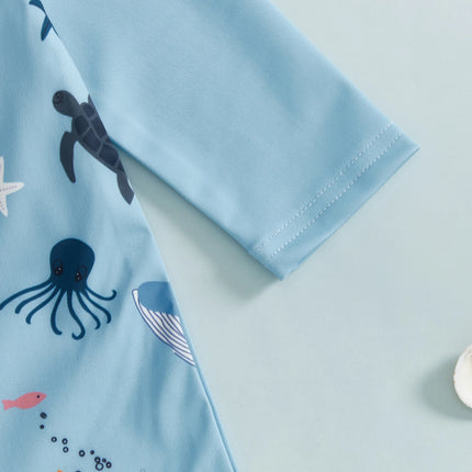 Toddler Baby Boy Rash Guard Summer Infant Swimsuit Long Sleeve Ocean Animal Print Swimwear Children Zip Up Bathing Suit Swimwear