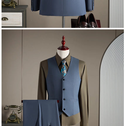 15% high-end wool suit for men, fashionable and stylish wedding, British-style business casual gray-blue suit three-piece set