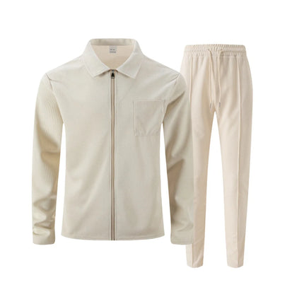 Men's Business Casual Two-Piece Set Spring Autumn Waffle Zippered Shirt Coat And Trousers Trendy Fashionable Outfit