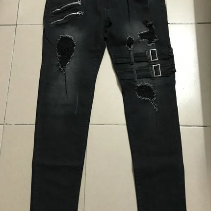 Retro Moto Biker Straight Elastic Jeans Men Zipper Hole Streetwear Punk Skinny Denim Cargo Pants Pantalones Hombre  Y2K Clothing