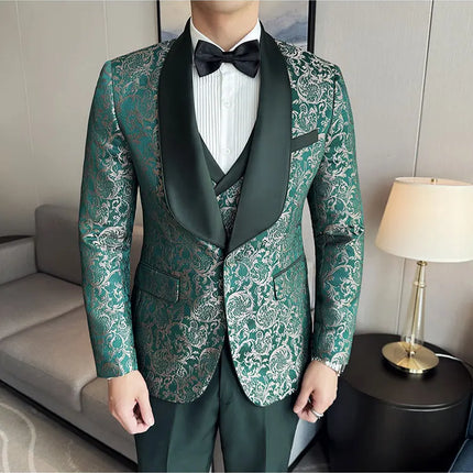 New (Blazer+vest+pants) for Men. Fashion. Casual. British Style. Singer Performance. High Density Jacquard Wedding Dress. Suit