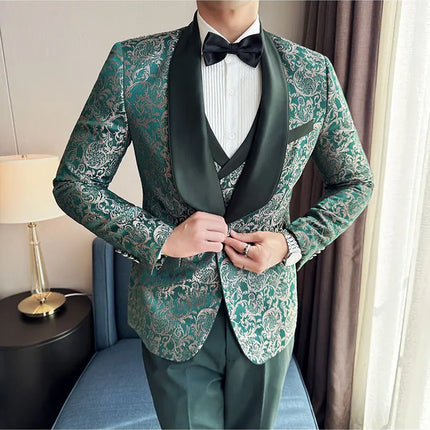 New (Blazer+vest+pants) for Men. Fashion. Casual. British Style. Singer Performance. High Density Jacquard Wedding Dress. Suit