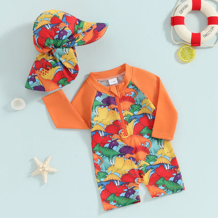 Infant Baby Boys Rash Guard with Swim Cap Long Sleeve Swimwear Turtle/Dinosaur Print Beachwear Toddler Swimwear Bathing Suit