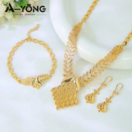Luxury Dubai Wedding Jewelry Set 21k Gold Plated Arab Bridal Gold Necklace Bracelet Earrings Brazilian Women Vintage Jewelrys