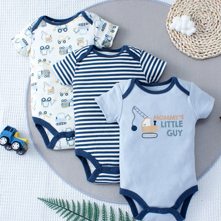 3PCS Summer Boys Three Piece Bodysuit Cartoon Car and Excavator Pattern Button Design Short Sleeve Bodysuit Mother's Day Gift