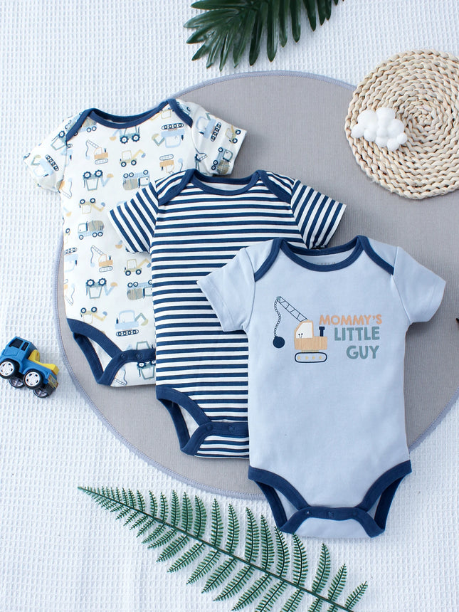 3PCS Summer Boys Three Piece Bodysuit Cartoon Car and Excavator Pattern Button Design Short Sleeve Bodysuit Mother's Day Gift