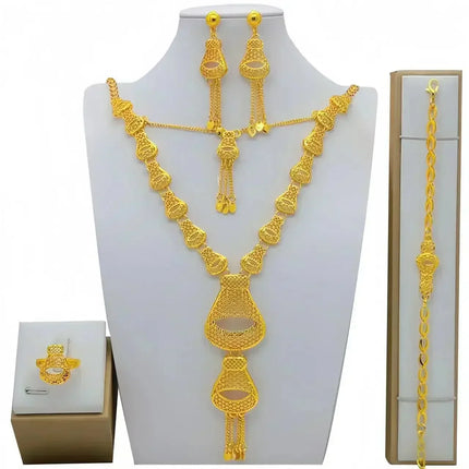 France Ethiopian Gold Color Jewelry Set For Women Dubai Necklace Bracelet Earrings Ring Set African Wedding Choker Wholesale