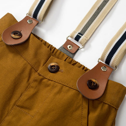 Gentleman Spring Autumn Outfit for Newborn Boy Cotton Baby First Formal Birthday Clothes Solid Pant with Strap Toddler Party Set