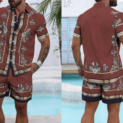 Baroque Luxury Printed Men's Shirt Shorts 2 Piece Set Summer Casual Shirt Hawaiian Beach Short-sleeved Men's Suits Clothing