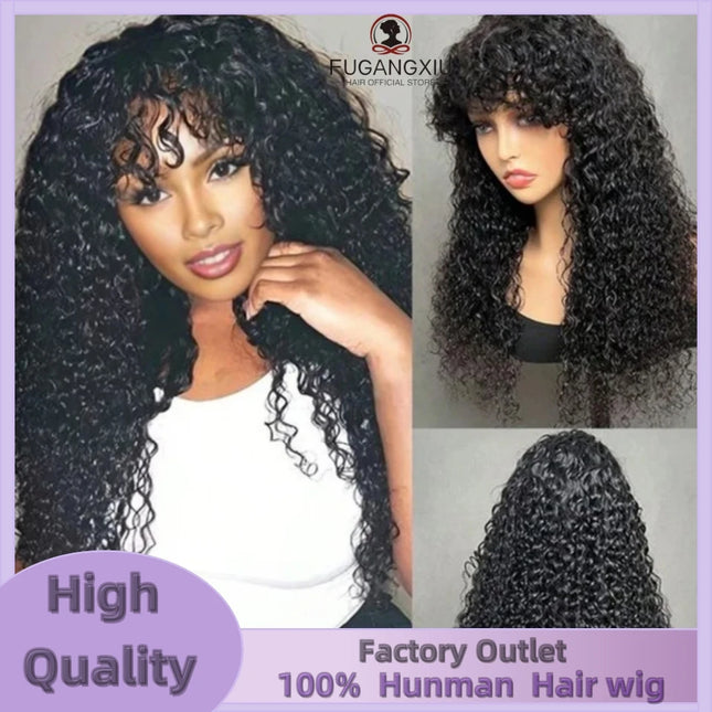 Water Wave Human Hair Wigs With Bangs For Women Full Machine Made 30 Inches Deep Curly Fringe Wig Glueless Wigs Natual Color