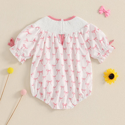 6M-18M Toddler Baby Girl Birthday Outfit Smocked Birthday Girl Embroidery Romper Bow Print Bodysuit Summer Outfit
