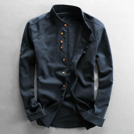 Vintage Men Stand Collar Long Sleeve Button Slim Blouse Shirt Spring Autumn Male Workwear Blouse Tops YZXFS-W2003