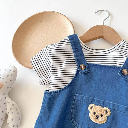 2024 Summer Cool Toddler Baby Clothing Set for Newborn Girls Striped T-shirt and Denim Bodysuits Overalls 2Pcs Boys Suits
