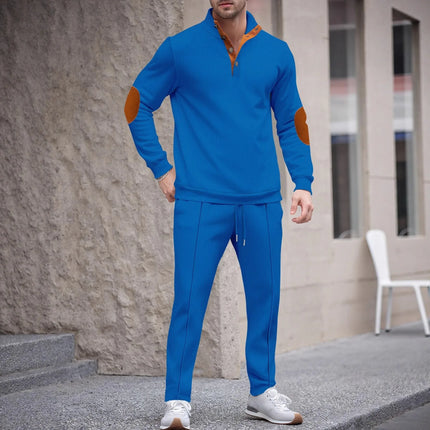 Men's new autumn style American stand-up collar button elbow patch color-block long-sleeve hoodie and pants set