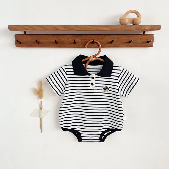 Summer Baby White Striped Bodysuits for Newborns Boys Girls Romper Onesie Cotton Short Sleeve Turn Down Collar Infant Jumpsuit