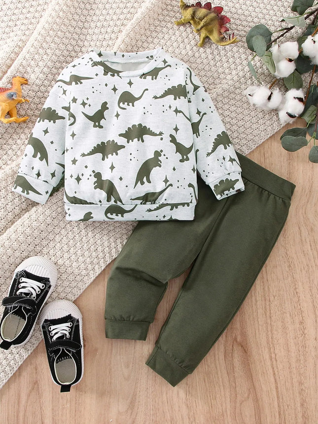 Spring and Autumn Two-Piece Baby Boy Sports Leisure Comfortable Dinosaur Pattern Long Sleeve Top Army Green Pants Suit