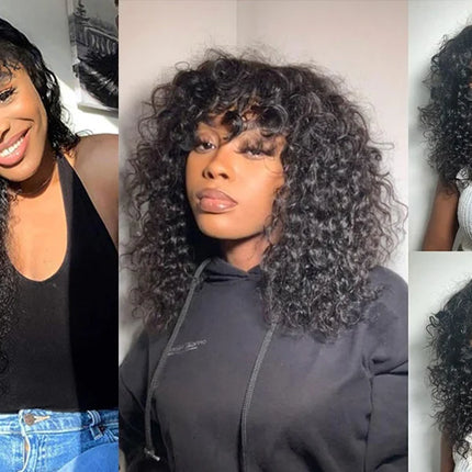 30 inch Water Wave Human Hair Wigs With Bangs Glueless Fringe Wig Kinky Curly Bob Wig with Bangs Full Machine Made Wig 180%