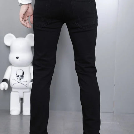 2024 Spring and Autumn Fashion Black Ripped Stretch Jeans Men's Casual Slim Breathable High-Quality Straight Leg Pants 28-36