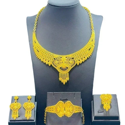 France Ethiopian Gold Color Jewelry Set For Women Dubai Necklace Bracelet Earrings Ring Set African Wedding Choker Wholesale