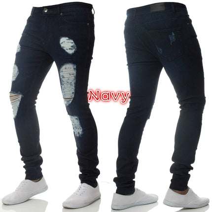 Men Jeans Pencil Pants Denim High Waist Slim Fit Sheath Solid Color Holes Slight Strech 2025 Spring Ankle Length Streetwear
