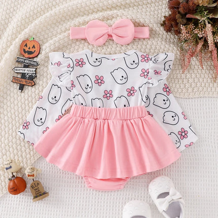 Baby Girl Festival Clothes Outfit Ruffle Trim Patch Long Sleeve Romper Dress with Bow Headband 2 Piece Set for Toddlers