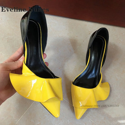 Ruffles Patent Leather Women Sandals Pointed Toe Stiletto Cover Heel Side Air High Heels Mixed Colors Slip On Shallow Shoes Sexy