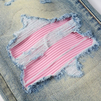 Men Stretch Slim Fit Ripped Jeans with Leather Patchwork