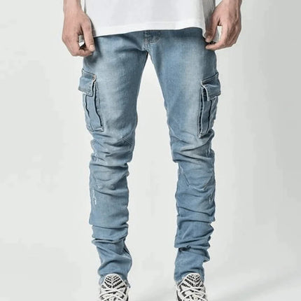 new Jeans Men Pants Wash Solid Color Multi Pockets Denim Mid Waist Cargo Jeans Plus Size Fahsion Casual Trousers Male Daily Wear