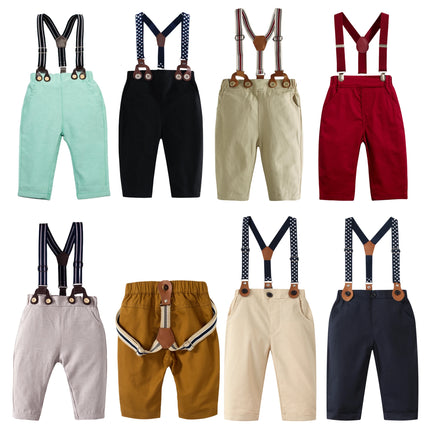 Gentleman Spring Autumn Outfit for Newborn Boy Cotton Baby First Formal Birthday Clothes Solid Pant with Strap Toddler Party Set