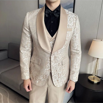 New (Blazer+vest+pants) for Men. Fashion. Casual. British Style. Singer Performance. High Density Jacquard Wedding Dress. Suit