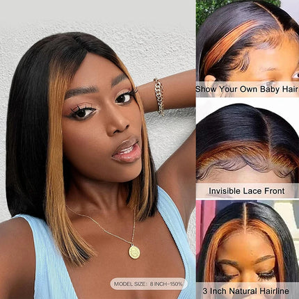 Highlight Colored 13x4 Lace Bob Wig Pre Plucked Peruvian Remy Straight Human Hair Wigs For Women Ombre Short Bob Wig