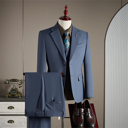 15% high-end wool suit for men, fashionable and stylish wedding, British-style business casual gray-blue suit three-piece set