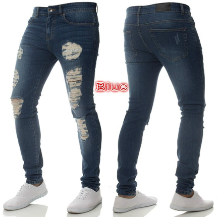 Men Jeans Pencil Pants Denim High Waist Slim Fit Sheath Solid Color Holes Slight Strech 2025 Spring Ankle Length Streetwear