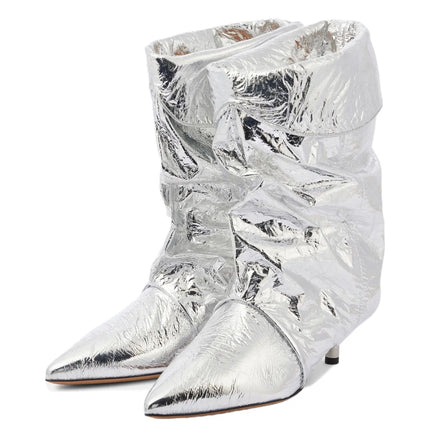 Arden Furtado 2025 Spring leopard print Large tubular boots Pointed toe Slip-on Pleated Middle heel Modern boots Short boots