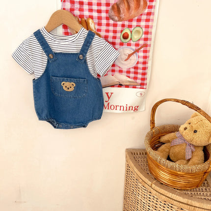 2024 Summer Cool Toddler Baby Clothing Set for Newborn Girls Striped T-shirt and Denim Bodysuits Overalls 2Pcs Boys Suits