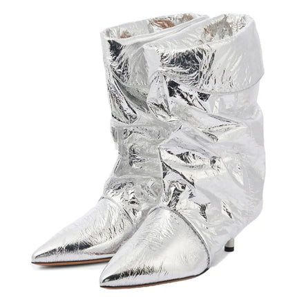 Arden Furtado 2025 Spring leopard print Large tubular boots Pointed toe Slip-on Pleated Middle heel Modern boots Short boots