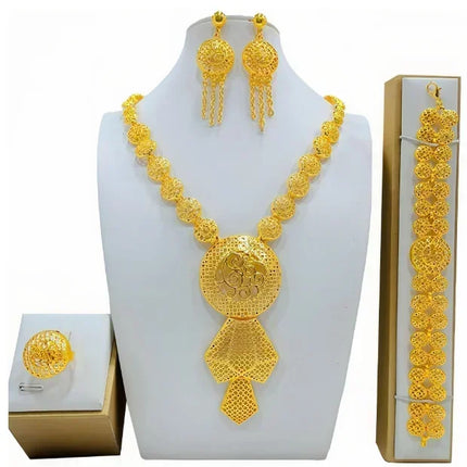 France Ethiopian Gold Color Jewelry Set For Women Dubai Necklace Bracelet Earrings Ring Set African Wedding Choker Wholesale