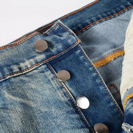 Men Stretch Slim Fit Ripped Jeans with Leather Patchwork