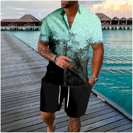 Hawaiian Vacation men's Fashion set, 3D flip-top Printed short-sleeved shirt, Casual Beach Capre Set