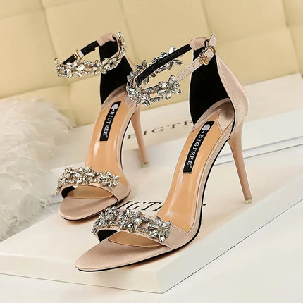 Soft Silk Open Toe Women Sandals 2024 Summer Luxury Crystal Ankle Buckle High Heels Shoes Bride Party Lady Green Red Black Pumps