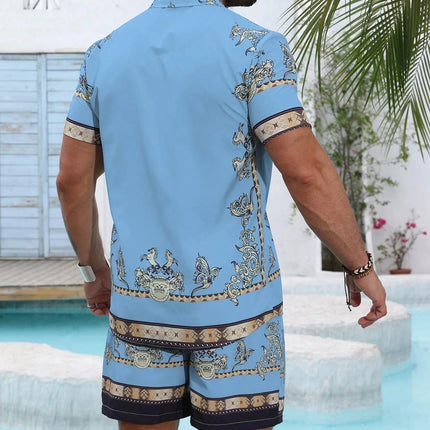 Baroque Luxury Printed Men's Shirt Shorts 2 Piece Set Summer Casual Shirt Hawaiian Beach Short-sleeved Men's Suits Clothing